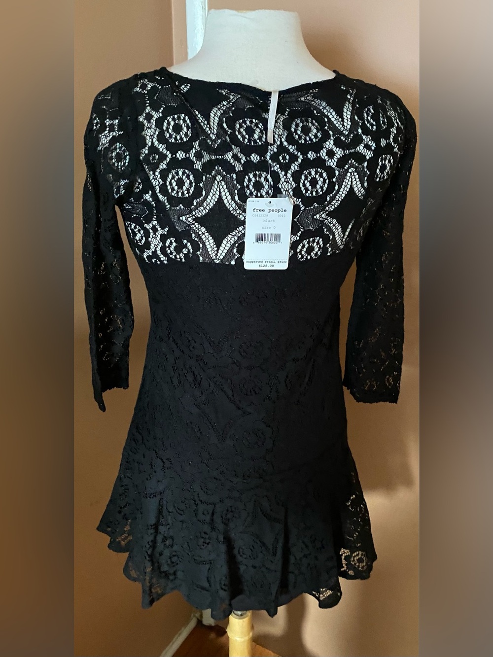 Free People Black Lace Fit & Flare Dress 3/4 Sleeve Boho Size 0 xsmall - Picture 4 of 9